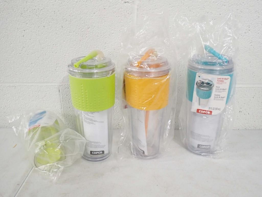 3 New with Tags Copco Lock-N-Roll Tumbler Water Bottles: 3 New with Tags Copco Lock-N-Roll Tumbler Water Bottles. Includes 1 light blue, 1 lime green, 1 orange. All pictures are considered part of the description and should be examined carefully by bi