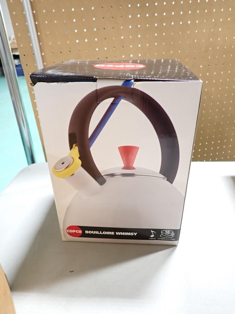 New in Box Wilton Copco Whimsy 10 Cup Tea Kettle: New in Box Wilton Copco Whimsy 10 Cup Tea Kettle All pictures are considered part of the description and should be examined carefully by bidders. Live Auctioneers is now offering Live Shipping through