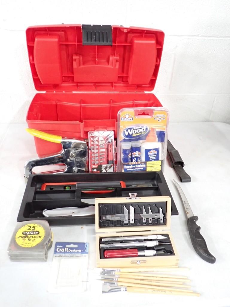 Tool / Craft Lot including Tool Box, Wood Repair Kit, Knives, Staple Gun, X-Acto Knife Kit, Brushes: Tool / Craft Lot including Tool Box, Wood Repair Kit, Knives, Staple Gun, X-Acto Knife Kit, Brushes, Tape Measure, etc. All pictures are considered part of the description and should be examined caref