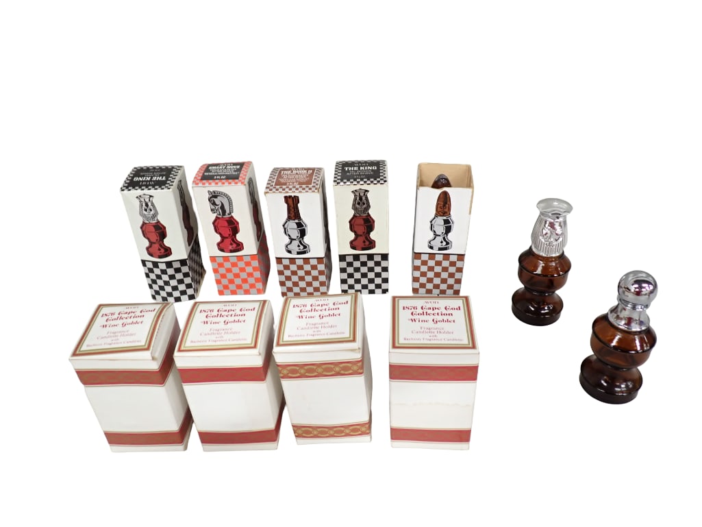 Vintage Avon Lot incl Cologne Bottle Chess Pieces and Cape Cod Collection Wine Goblet Candlette Hold: Vintage Avon Lot incl Cologne Bottle Chess Pieces and Cape Cod Collection Wine Goblet Candlette Holders. Includes everything that is in the pictures. These are being sold as collectible bottles