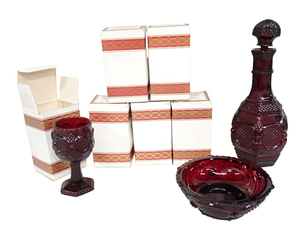 Lot of Avon Cape Code Ruby Red Glassware incl Decanter, Bowl, Goblet Candle Holders (1 of 9)
