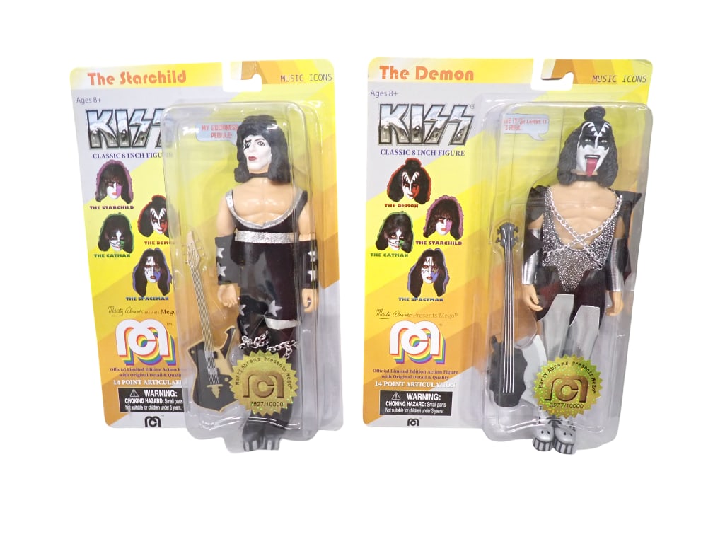 2 Kiss Band Figures by Mego NOS New Old Stock incl The Starchild and The Demon: 2 Kiss Rock Band Figures by Mego NOS New Old Stock incl The Starchild Paul Stanley and The Demon Gene Simmons. These are 8" action figures. Each package measures 10"x7