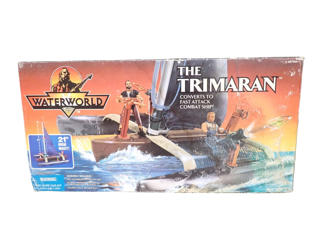 Waterworld The Trimaran Combat Ship Vehicle by Kenner in Original Box: Waterworld The Trimaran Combat Ship Vehicle by Kenner in Original Box. Box measures 20"x10"x3" All pictures are considered part of the description and should be examined carefully by