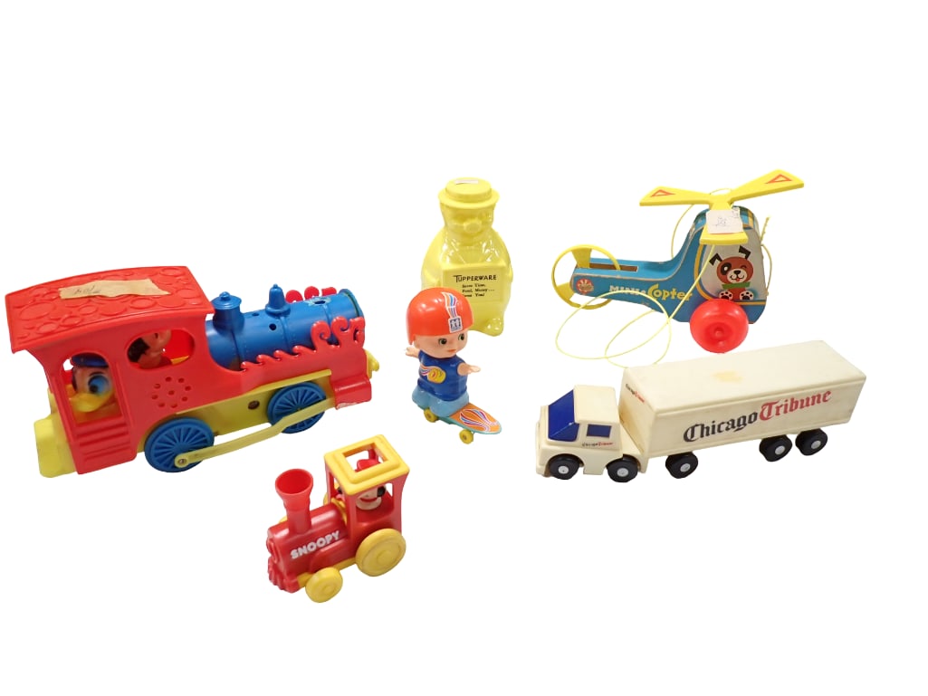 Toys incl Vintage Fisher Price Mini Copter #48 Pull Toy, Snoopy Express Train Toy, Tupperware Piggy: Lot of Toys incl Vintage Fisher Price Mini Copter #48 Pull Toy, Snoopy Express Train Toy, Tupperware Piggy Bank, Chicago Tribune Truck, etc All pictures are considered part of the description and sho