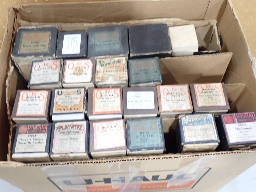 Box full of Vintage Player Piano Rolls: Box full of Vintage Player Piano Rolls 13x2x2" All pictures are considered part of the description and should be examined carefully by bidders. Live Auctioneers is now offering Live Shipping throu
