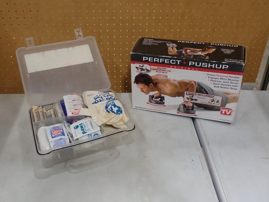First Aid Kit plus a Perfect Pushup Exercise Workout Kit: First Aid Kit plus a Perfect Push-up Exercise Workout Kit All pictures are considered part of the description and should be examined carefully by bidders. Live Auctioneers is now offering Live Shippin
