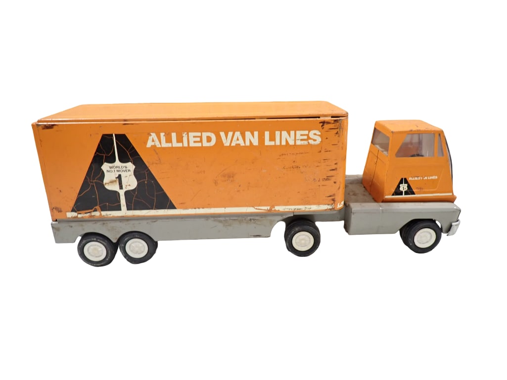 Vtg 1960s-1970s Tonka Pressed Steel #1098 Allied Van Lines Truck and Trailer: Vintage 1960s-1970s Tonka Pressed Steel #1098 Allied Van Lines Truck and Trailer 13"x5"x6" All pictures are considered part of the description and should be examined carefully by bidders. 