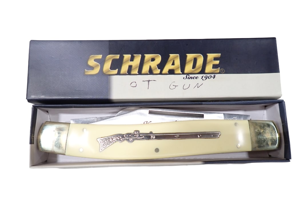 Schrade Old Timer Pocket Knife Special Production Run Kentucky Rifle Style in Original Box: Schrade Old Timer Pocket Knife Special Production Run Kentucky Rifle Style in Original Box 9"x2"x1" All pictures are considered part of the description and should be examined carefully by