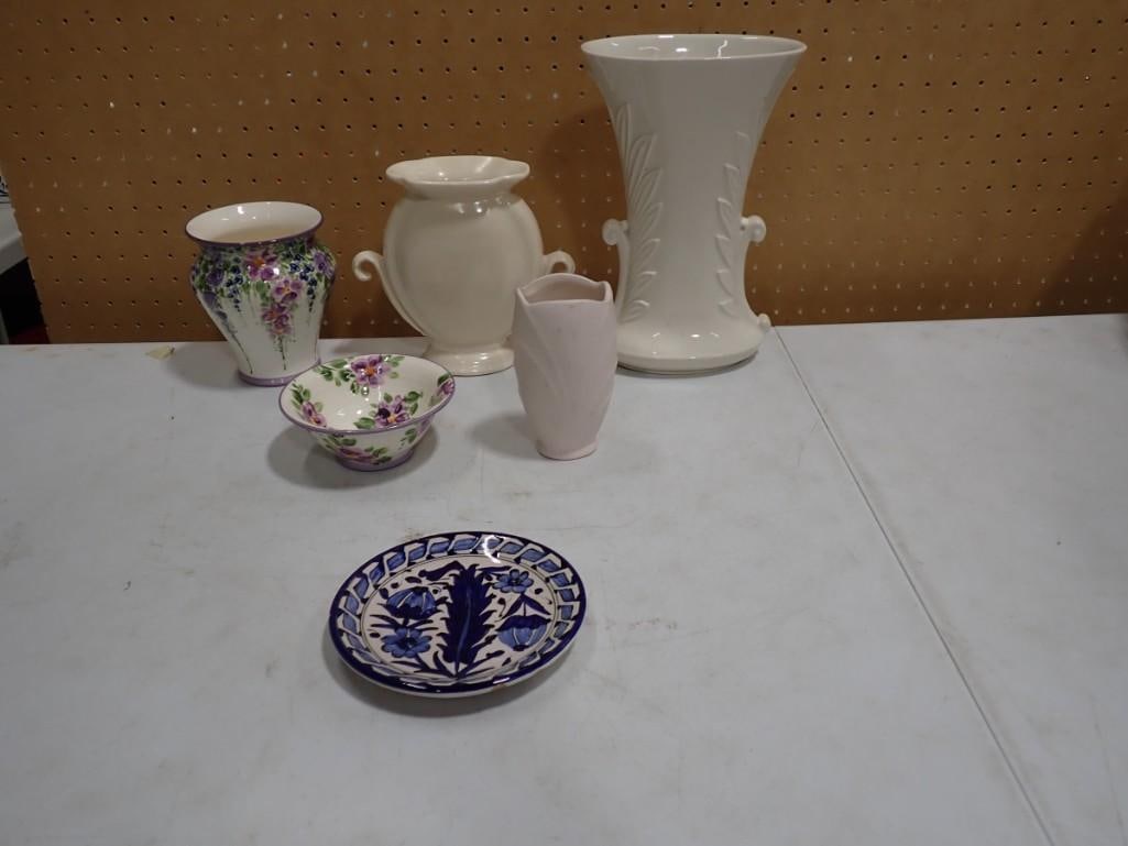 Vase / Bowl / Plate Lot including Hand Painted,Karos Pottery, Swanson, Abingdon, etc.: Vase / Bowl / Plate Lot including Hand Painted,Karos Pottery, Swanson, Abingdon, etc. 12x7x5" All pictures are considered part of the description and should be examined carefully by bidders. Live 