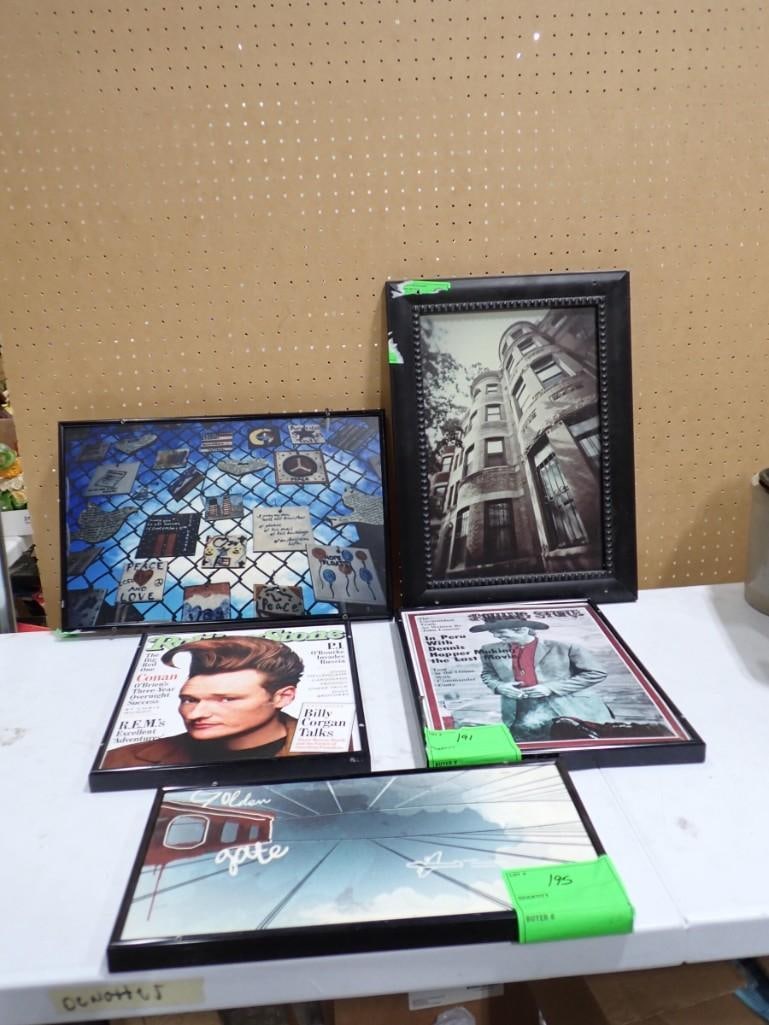 Framed Wall Hangings including Rolling Stones Magazines with Conan O'Brien, Dennis Hopper, Plus Phot: Framed Wall Hangings including Rolling Stones Magazines with Conan O'Brien, Dennis Hopper, Plus Photo Prints, etc. 21x15x1" All pictures are considered part of the description and should be ex