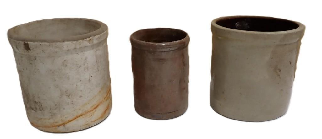 3 Stoneware Crocks: 3 Stoneware Crocks 8x8x8" All pictures are considered part of the description and should be examined carefully by bidders. Live Auctioneers is now offering Live Shipping through them. This i