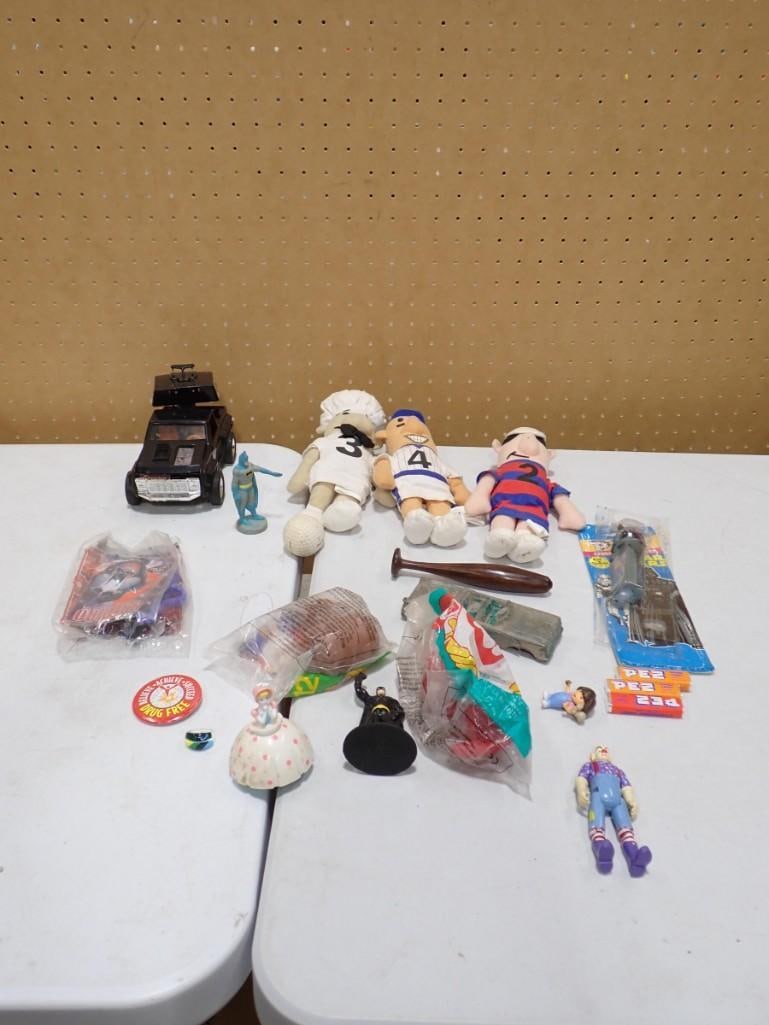 Toy Lot including Pez, Batman, McDonald's Toys, Figurines, Milwaukee Brewers Racing Sausage Plushes: Toy Lot including Pez, Batman, McDonald's Toys, Figurines, Milwaukee Brewers Racing Sausage Plushes, etc. All pictures are considered part of the description and should be examined carefully by bi