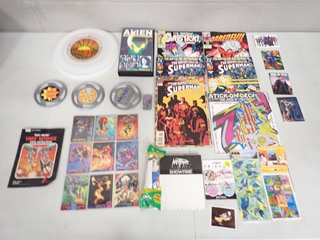 Collectibles Lot including Comic Books - Daredevil, Superman, Trading Cards, Wheaties Frisbee, Yars (1 of 12)
