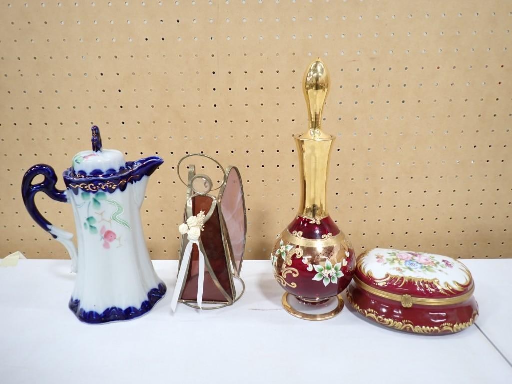 Limoges Porcelain Trinket Box, Antique Porcelain Hot Chocolate Pot, Hand Painted Ruby Red Glass Deca (1 of 12)