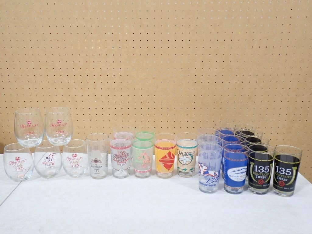 24 Kentucky Derby, Kentucky Oaks, Etc Cocktail Glasses Assorted Styles: 24 Kentucky Derby, Kentucky Oaks, Etc Cocktail Glasses Assorted Styles and Designs. Largest glass is 6"x3"x3" All pictures are considered part of the description and should be