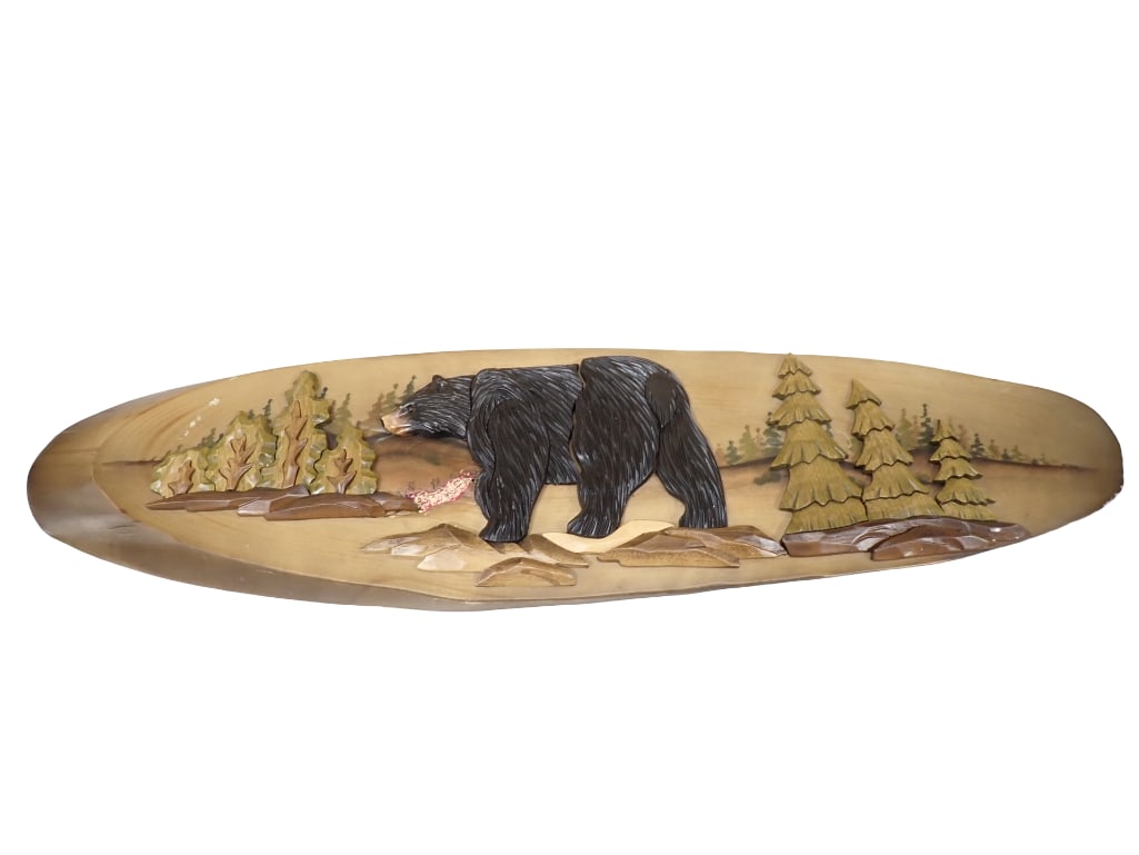 Carved Wood Bear Wall Hanging 32"x9"x2": Carved Wood Bear Wall Hanging 32"x9"x2" All pictures are considered part of the description and should be examined carefully by bidders. Live Auctioneers is now offering Live Shipping thro