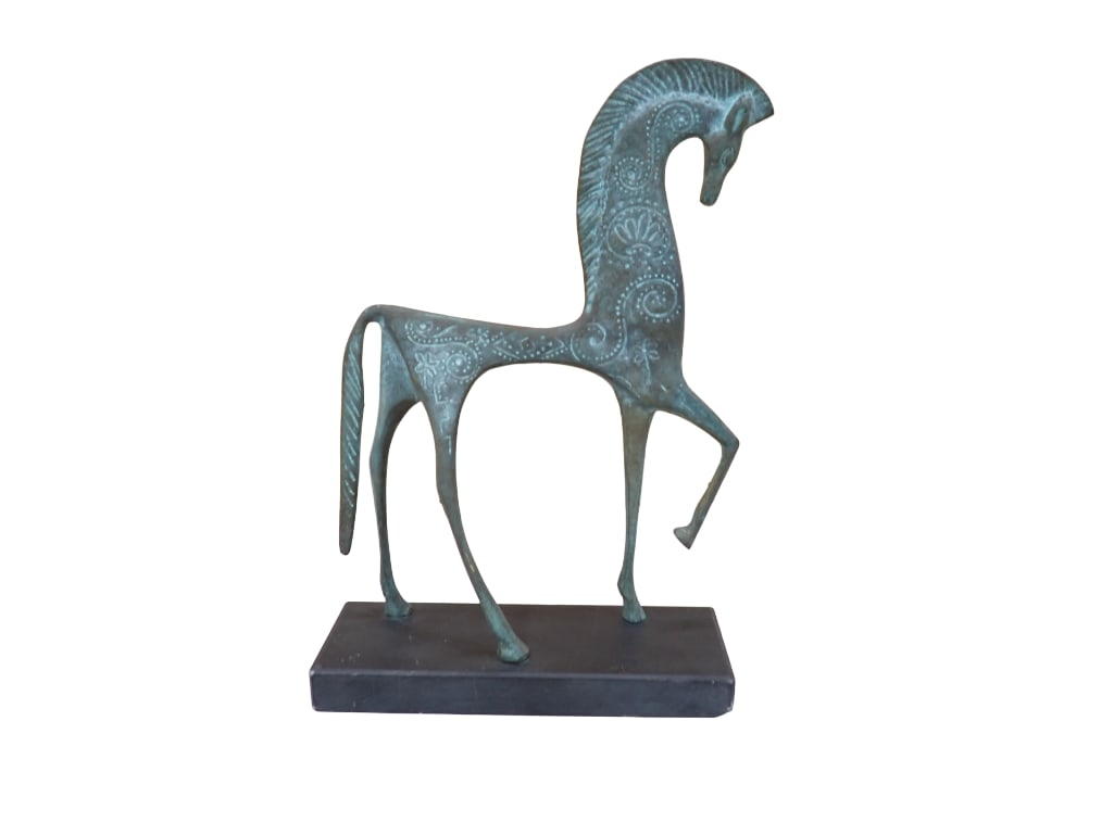 Mid Century Modern Etruscan Horse Statue or Sculpture Metal with a Stone Base: Mid Century Modern Etruscan Horse Statue or Sculpture Metal with a Stone Base . Base has a small chip in the corner. 11"x3"x7" All pictures are considered part of the descripti