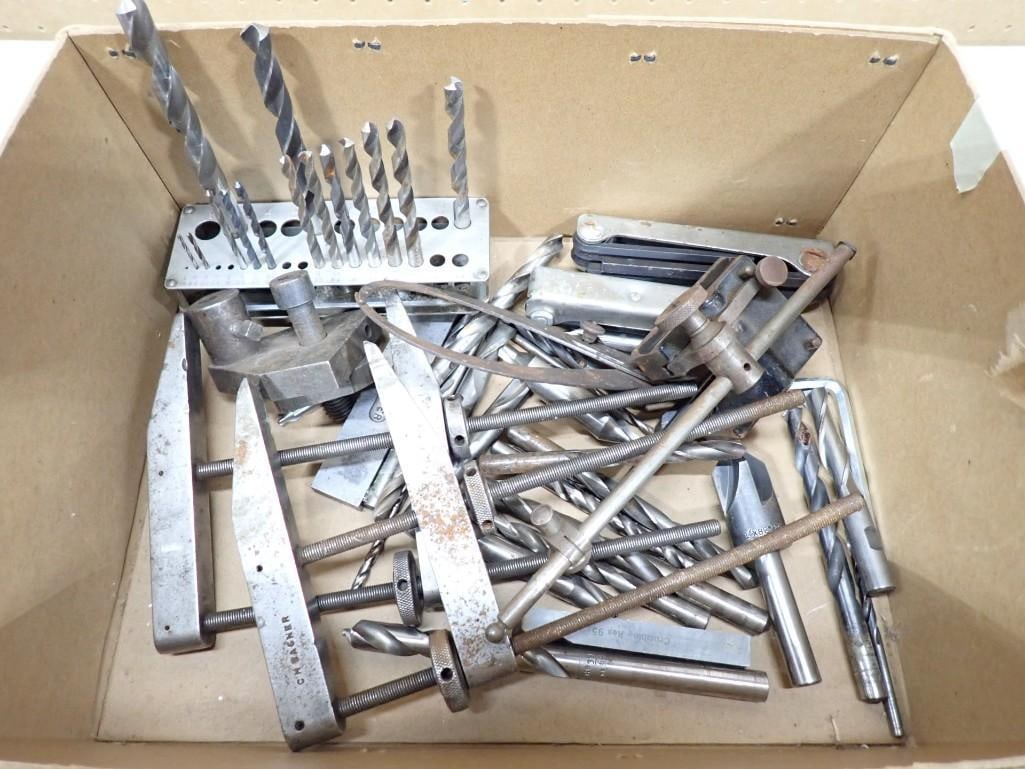 Lot of Metal Tooling, Drill Bits, Clamps, etc.: Lot of Metal Tooling, Drill Bits, Clamps, etc. 10x6x1"f All pictures are considered part of the description and should be examined carefully by bidders. Live Auctioneers is now offering Live Shipp