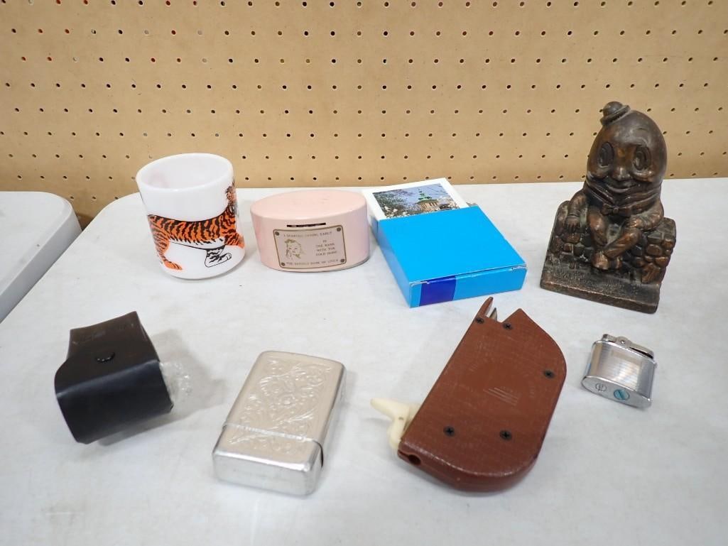 Collectibles incl Humpty Dumpty Metal Bank, Metal Cigarette Case, Lighter, Filter Cigarette Maker, (1 of 18)
