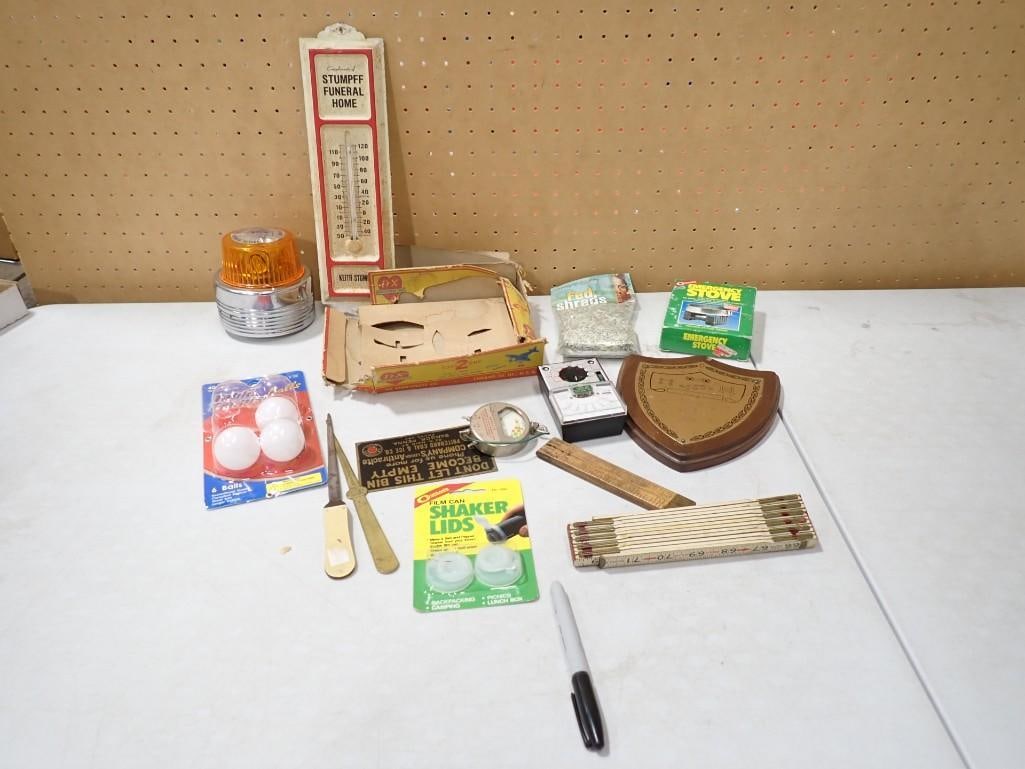 Misc incl Stumpff Funeral Home Thermometer, Putti CD 1966 Plaque, Letter Openers, Vintage Ruler, etc: Misc incl Stumpff Funeral Home Thermometer, Putti CD 1966 Plaque, Letter Openers, Vintage Ruler, etc Largest item is 5"x5"x5" All pictures are considered part of the description and should