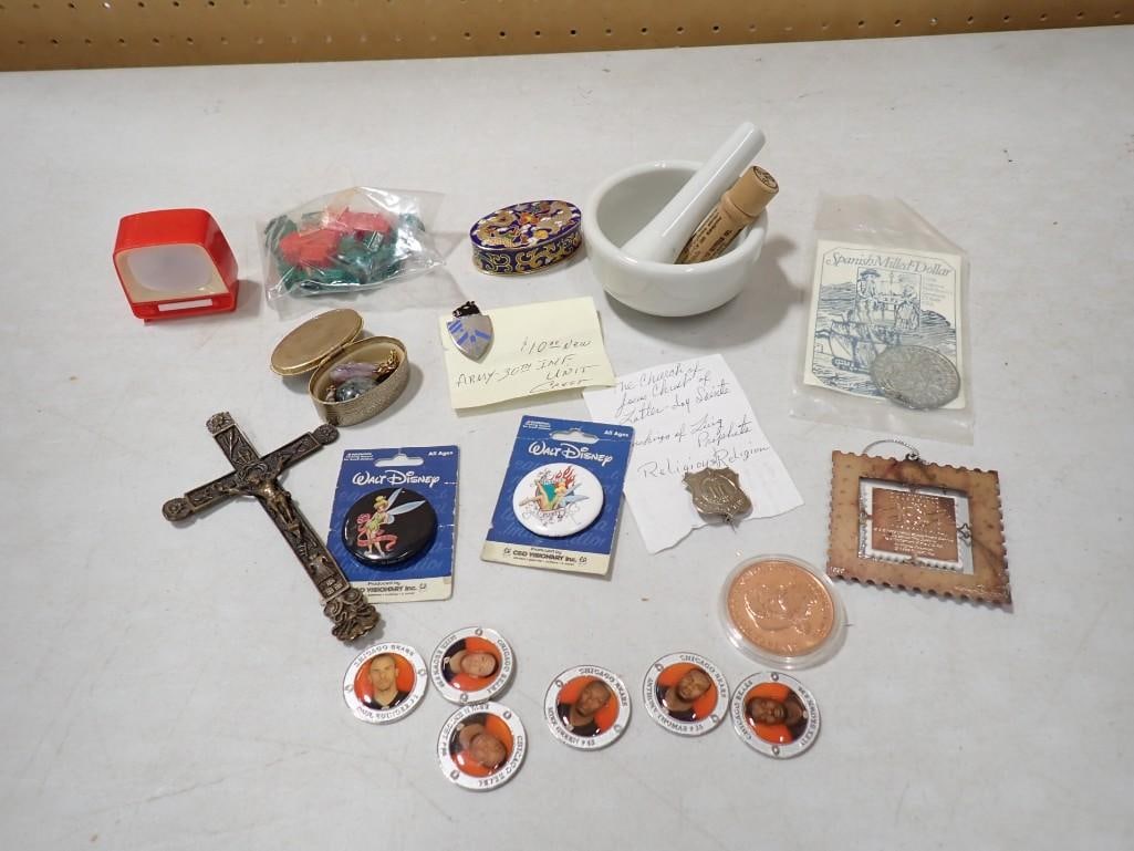 Lot of Smalls incl Walt Disney Tinkerbell Pins, Religious Items, Military, Cloisonne Trinket Box, (1 of 14)