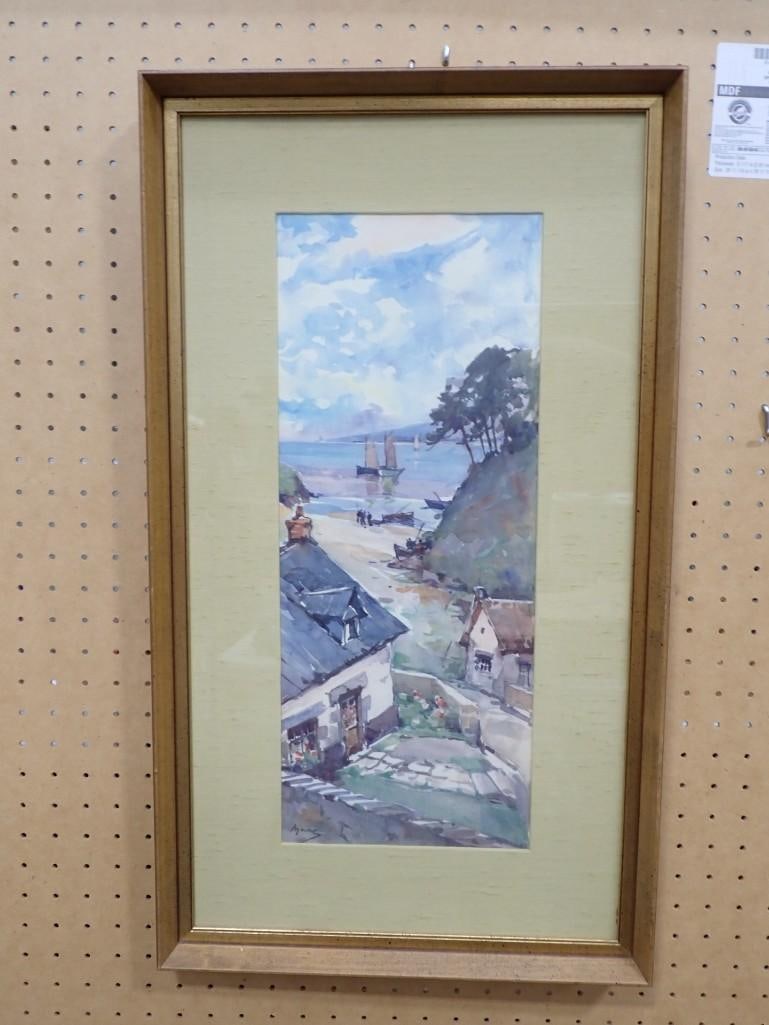Framed Watercolor Painting Signed Marc - Houses by a lake with sailboats - measures roughly 27x15" (1 of 6)