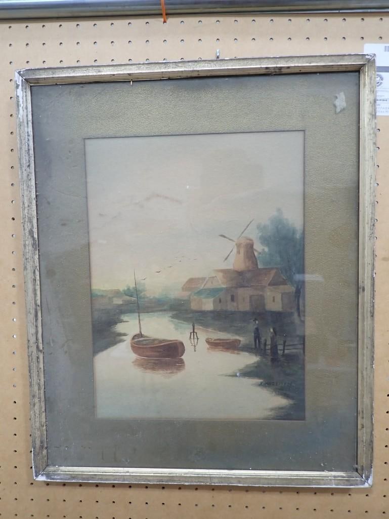 Framed Watercolor Painting of a Windmill by a River  Signed N. Vandervel (1 of 5)