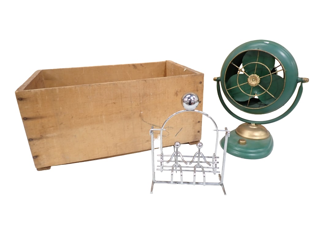 Vintage Blazing Star Wood Crate, Desk Art Couple on a Swing, Newer Metal Fan: Vintage Blazing Star Wood Crate, Desk Art Couple on a Swing, Newer Metal Fan . Fan is untested. Crate is 20"x12"x9" All pictures are considered part of the description and should be 