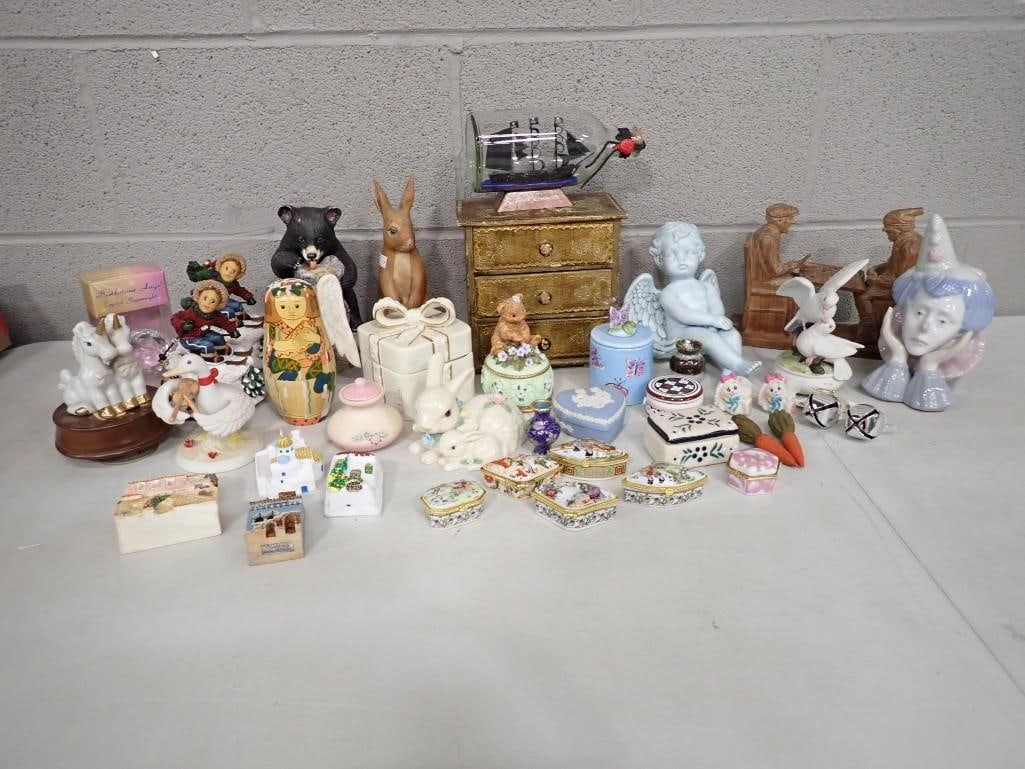 Misc. Figurines / Collectibles Lot including Ship in a bottle, Nesting Doll, Cherubs, Animals, Trink (1 of 9)