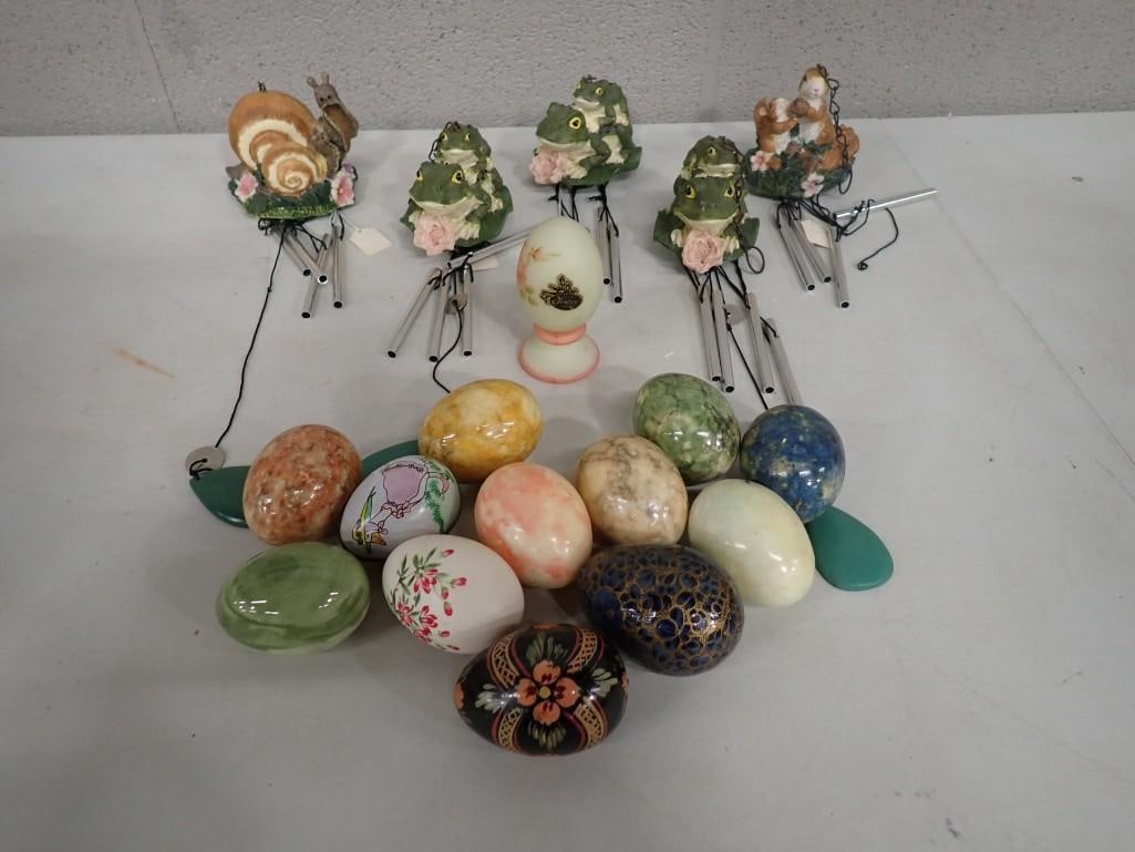 Frog, Snail and Squirrel Wind Chimes plus Decorative Eggs including Fenton, Cloisonne, etc.: Frog, Snail and Squirrel Wind Chimes plus Decorative Eggs including Fenton, Cloisonne, etc. 4x4x4" All pictures are considered part of the description and should be examined carefully by bidders.