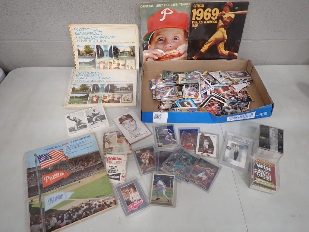Sports Lot including Assorted Cards, Phillies 1960's yearbooks, Autographs (no COAs), Baseball hall (1 of 8)
