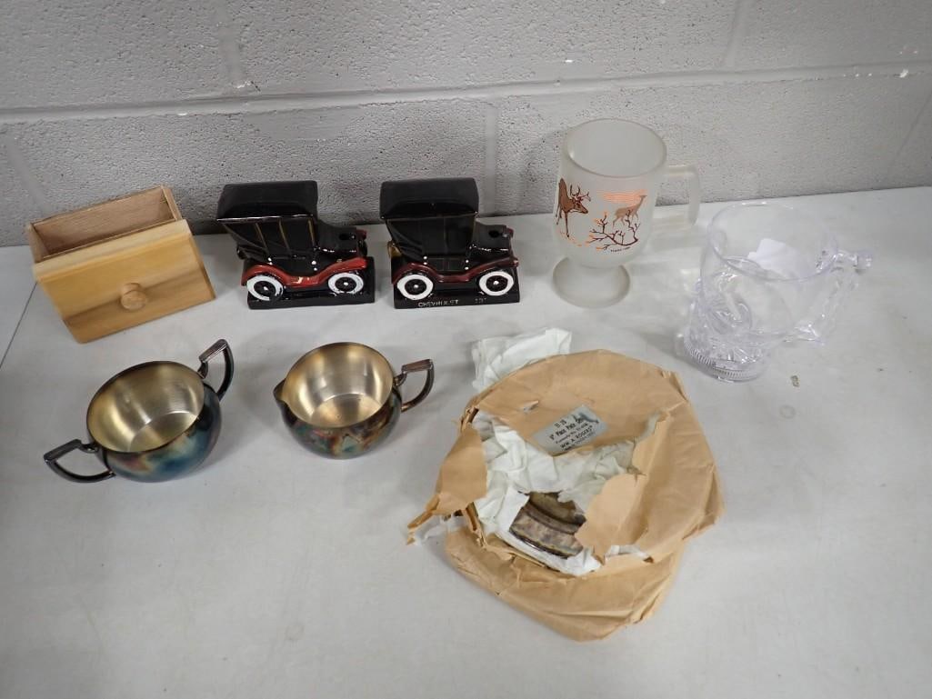 Misc. Lot including Oneida Silversmiths Silver plate, WM A Rogers 6" Plate Set, Ceramic Car Figurine (1 of 9)
