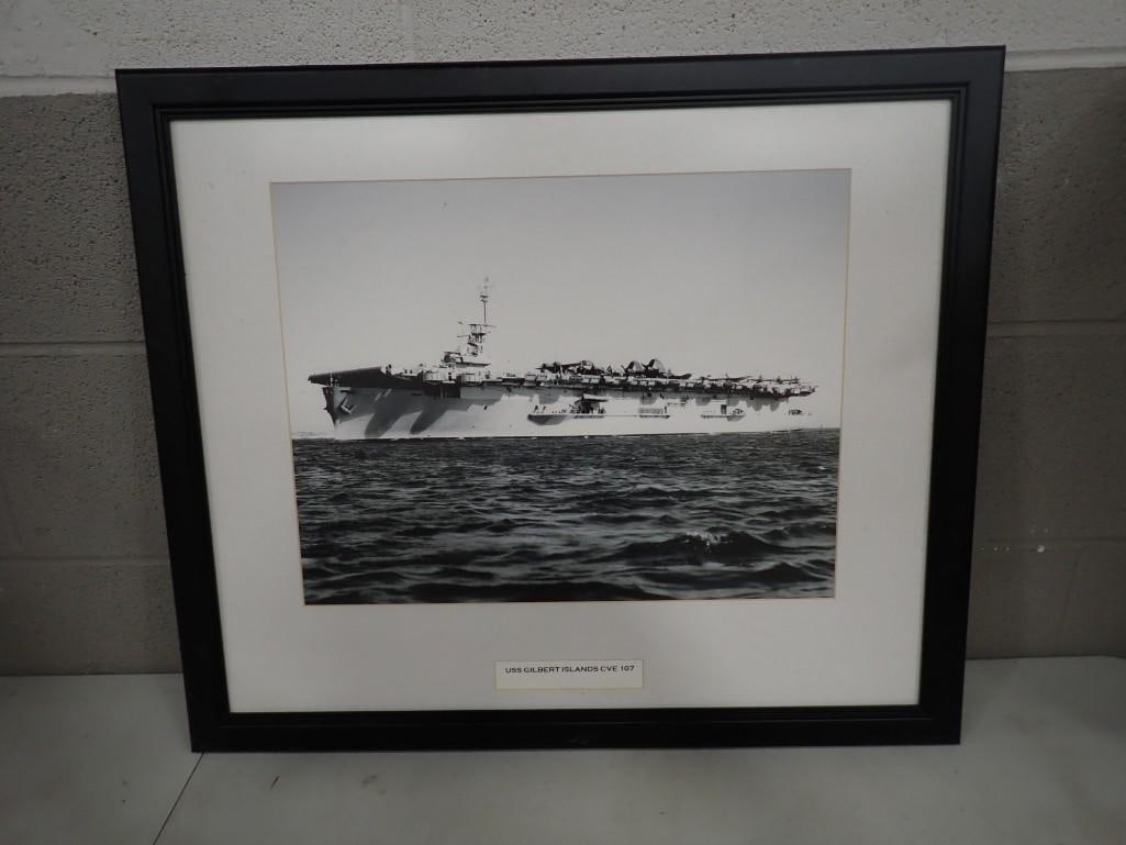 Framed Photo Print USS Gilbert Islands CVE 107 Aircraft Carrier: Framed Photo Print USS Gilbert Islands CVE 107 Aircraft Carrier Roughly 26x23" All pictures are considered part of the description and should be examined carefully by bidders. Live Auctioneers is