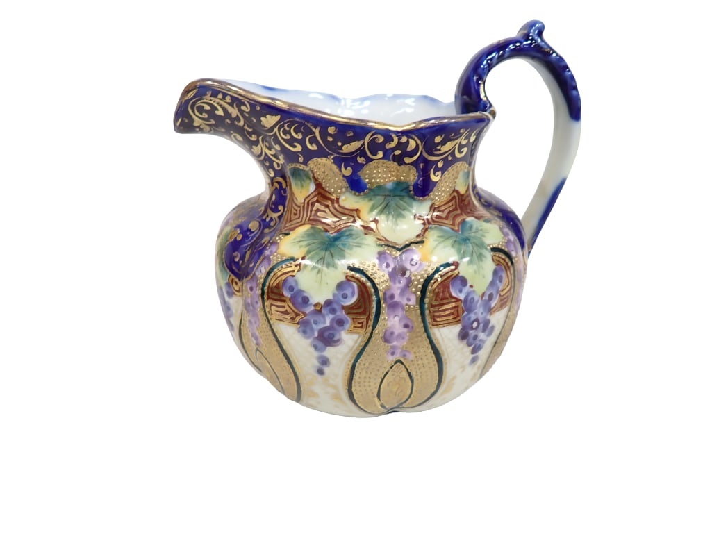 Antique Nippon Cobalt Blue Gold Gilt Floral Design Pitcher 6.5"x6.5": Antique Nippon Cobalt Blue Gold Gilt Floral Design Pitcher 6.5"x6.5" . No chips or cracks. All pictures are considered part of the description and should be examined carefully by bidder