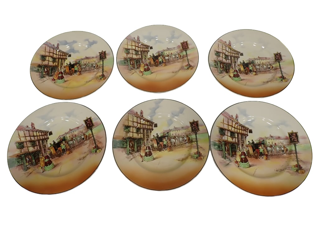 6 Royal Doulton Coaching Scene Dinner Plates 10 1/4": 6 Royal Doulton Coaching Scene Dinner Plates 10 1/4" . Appears to have never been used. All pictures are considered part of the description and should be examined carefully by bidders. Liv