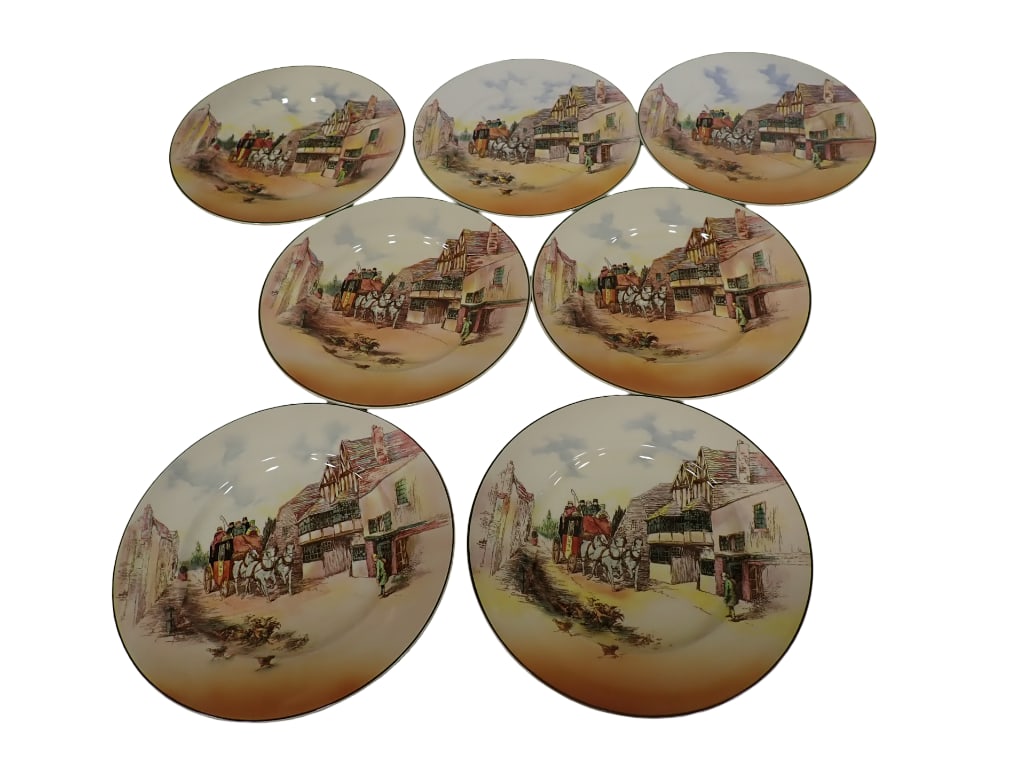 7 Royal Doulton Coaching Scene Dinner Plates 10 1/4": 7 Royal Doulton Coaching Scene Dinner Plates 10 1/4" . Appears to have never been used. All pictures are considered part of the description and should be examined carefully by bidders. Liv