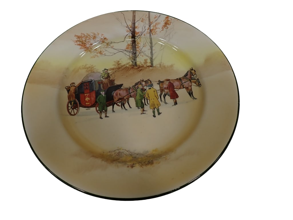 1 Royal Doulton Coaching Scene Dinner Plate 10 1/4": 1 Royal Doulton Coaching Scene Dinner Plats 10 1/4" . Minor wear to the green rim. All pictures are considered part of the description and should be examined carefully by bidders. Live Auc