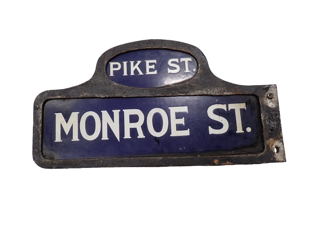 New York City Antique Porcelain Hump Back Street Sign: New York City Antique Porcelain Hump Back Street Sign . Pike St and Monroe St. All pictures are considered part of the description and should be examined carefully by bidders. Live Auctioneers i