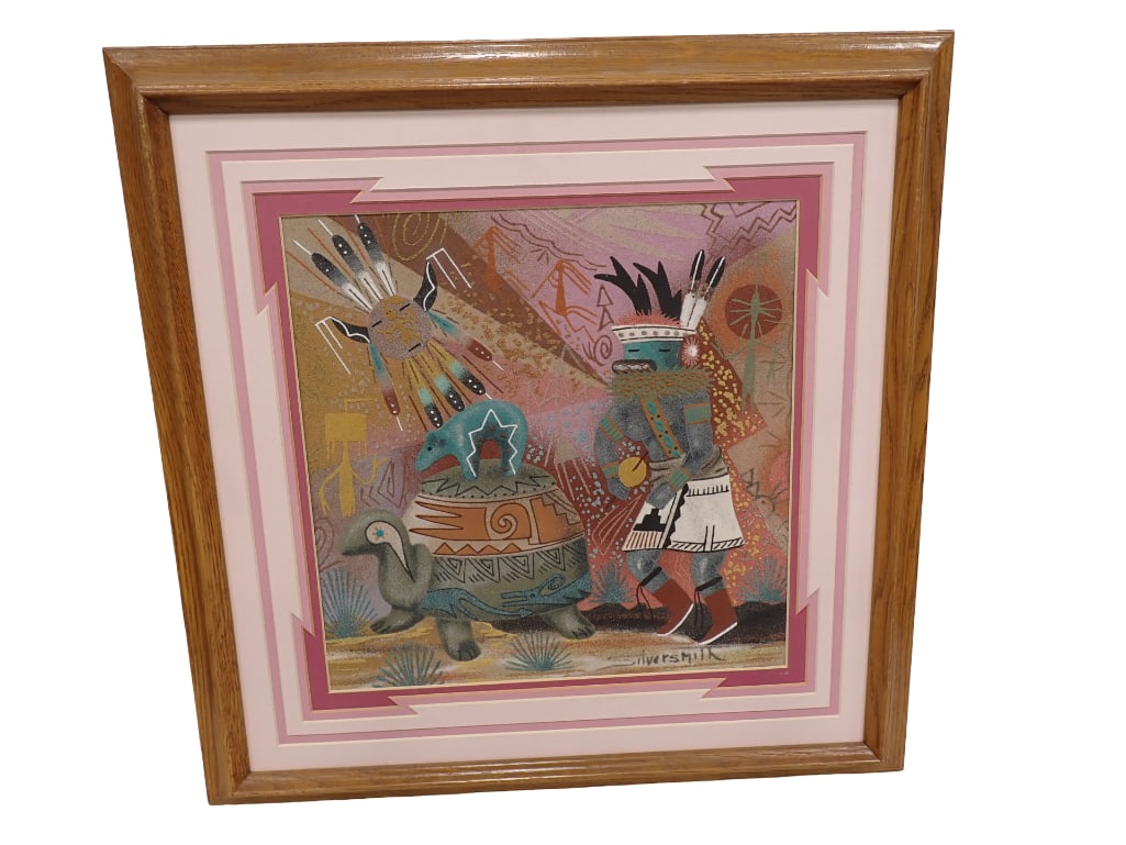 Keith Silversmith Navajo Sand Painting Turtle Dancer Kachina Signed 18"x18": Keith Silversmith Navajo Sand Painting Turtle Dancer Kachina Signed 18"x18" All pictures are considered part of the description and should be examined carefully by bidders. Live Auctioneers is