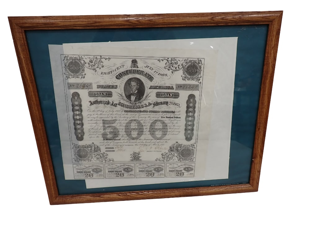Confederate States of America Loan $500 1868 Silver War Coupon Framed Signed 14"x13": Confederate States of America Loan $500 1868 Silver War Coupon Framed Signed 14"x13" All pictures are considered part of the description and should be examined carefully by bidders. Live Aucti