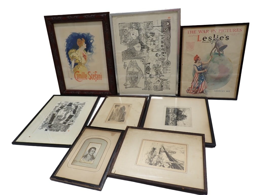 Lot of Antique Art Work, Etchings, Silk Embroidery, & More (1 of 10)