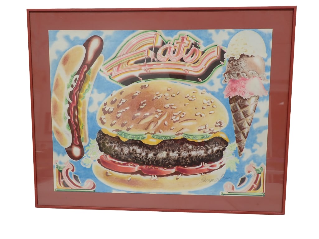 George Danson Framed Watercolor Cheeseburger, Hot Dog, Ice Cream 28"x22": George Danson Framed Watercolor Cheeseburger, Hot Dog, Ice Cream 28"x22" All pictures are considered part of the description and should be examined carefully by bidders. Live Auctioneers is no