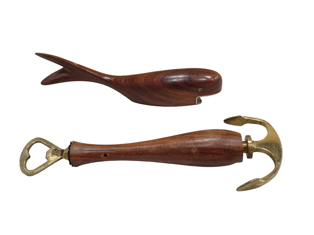 MCM Italian Made Rosewood Bottle Openers Breweriana Barware incl Whale Bottle Opener and Anchor Bott: Vintage MCM Mid Century Modern Italian Made Rosewood Bottle Openers Breweriana Barware incl Whale Bottle Opener and Anchor Nautical Bottle Opener . 8" and 9" All pictures are consi