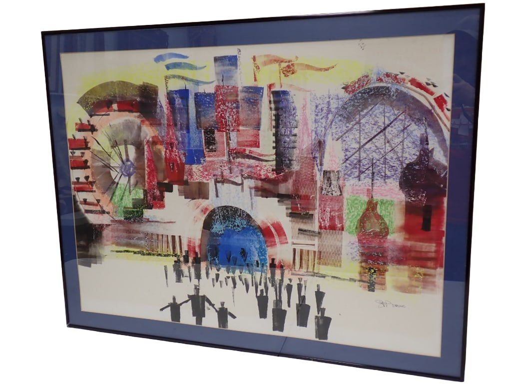 MCM Unknown Abstract Signed Watercolor Amusement Park Scene 36"x29" (1 of 4)