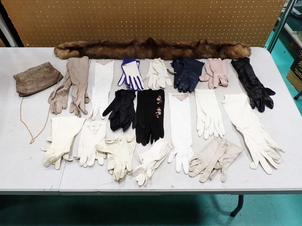 Lot of Ladies Vintage Leather Gloves, Beaded Handbag, and Mink Stole (1 of 20)