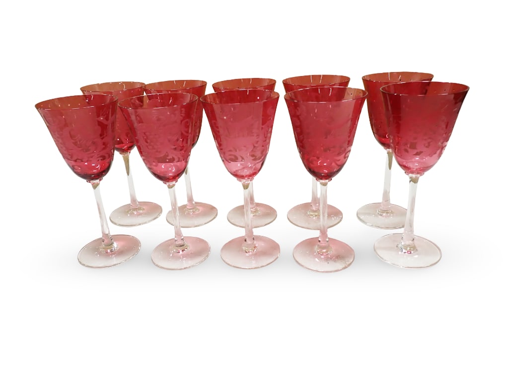 Set of 10 Antique Etched Cranberry Glass Stemware Glasses or Wine Glasses: Set of 10 Antique Etched Cranberry Glass Stemware Glasses or Wine Glasses All pictures are considered part of the description and should be examined carefully by bidders. Live Auctioneers is now offer