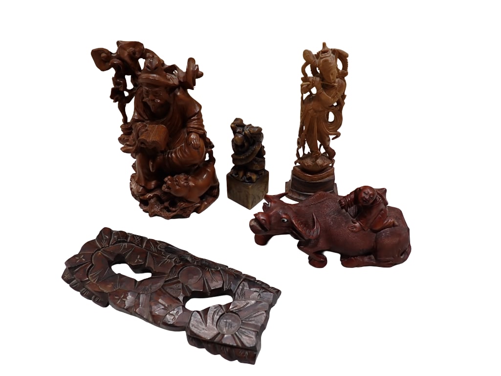 Lot of 4 Asian Carved Statues Wood and Stone incl Water Buffalo, Thai Dancer, Chinese Scholar (1 of 7)