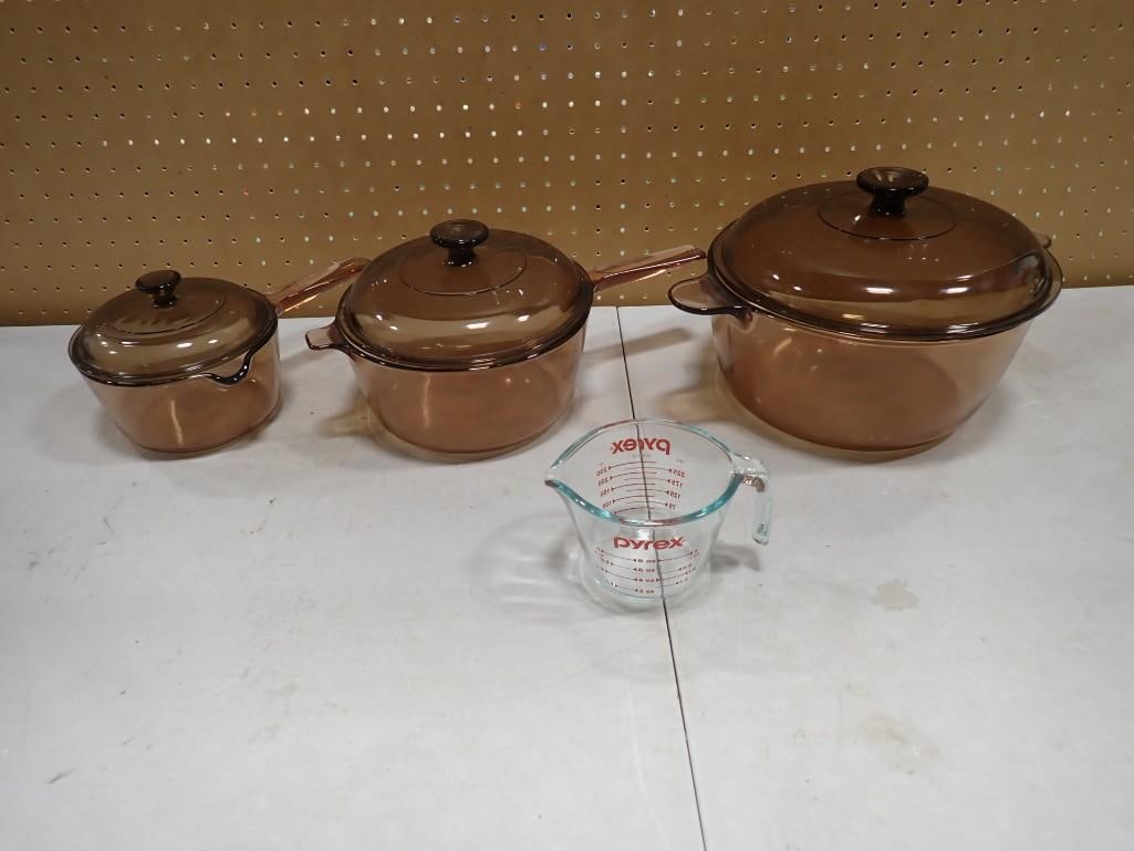 Lot of 3 Vintage Visions Corning Glass Cooking or Baking Dishes or Kettles Plus a Pyrex Measuring Cu (1 of 5)
