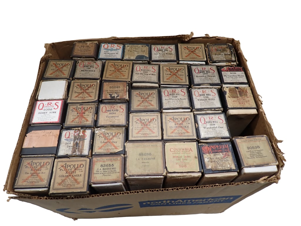 Lot of 36 Player Piano Music Rolls QRS and More Oldies: Lot of 36 Player Piano Music Rolls QRS and More OLDIES Each box measures 2"x2"x11 3/4" All pictures are considered part of the description and should be examined carefully by bidders. Li