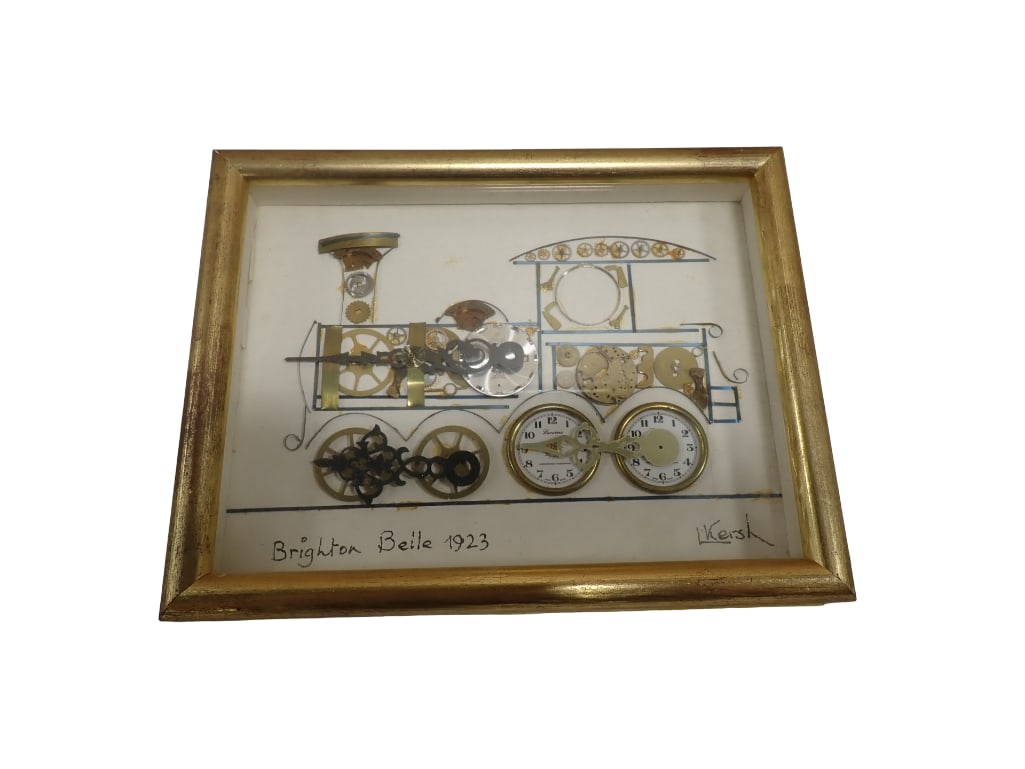 L. Kersch Brighton Belle 1923 Locomotive Made of Watch Parts 7"x9": L. Kersch Brighton Belle 1923 Locomotive Made of Watch Parts 7"x9" All pictures are considered part of the description and should be examined carefully by bidders. Live Auctioneers is